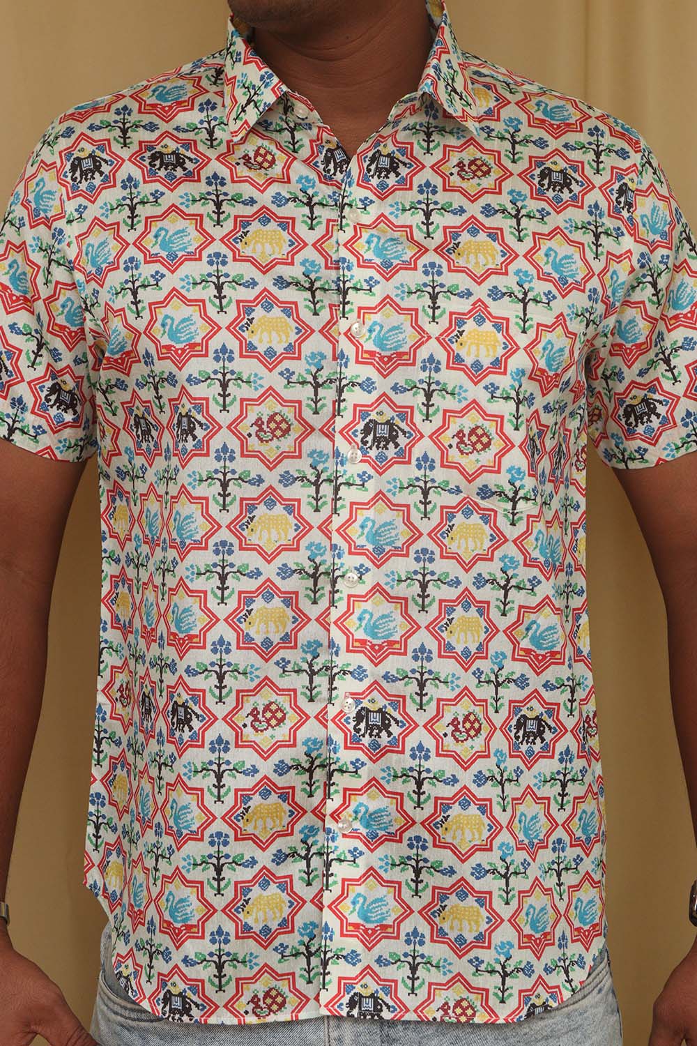 Stylish Off White Digital Printed Patola Design Tussar Silk Shirt - Luxurion World