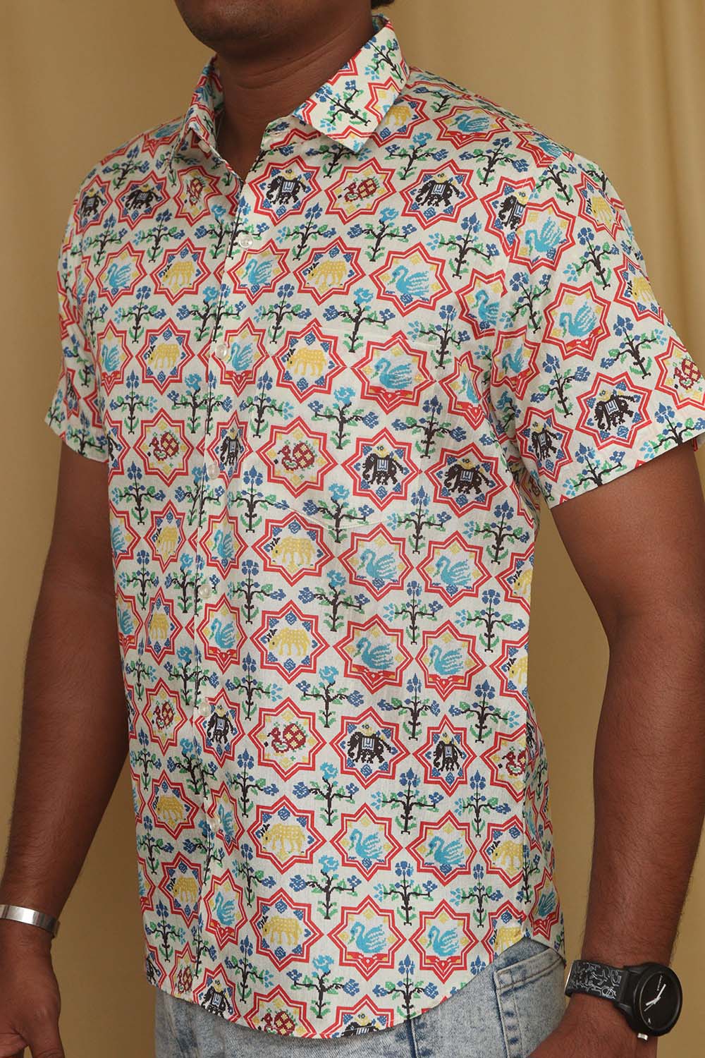 Stylish Off White Digital Printed Patola Design Tussar Silk Shirt - Luxurion World