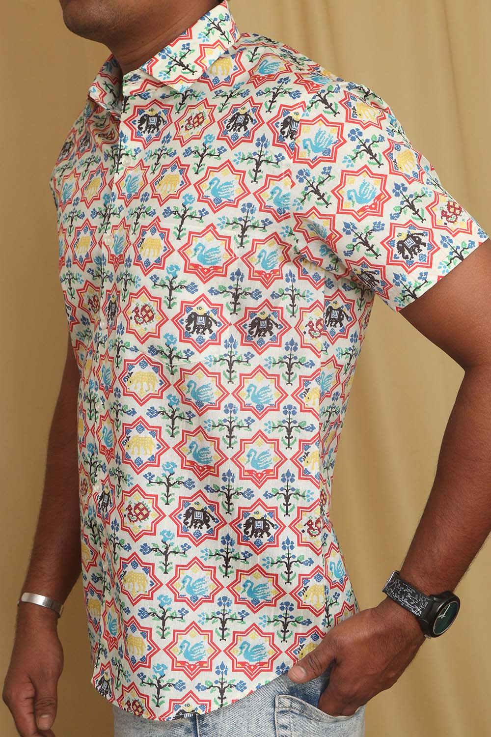 Stylish Off White Digital Printed Patola Design Tussar Silk Shirt - Luxurion World