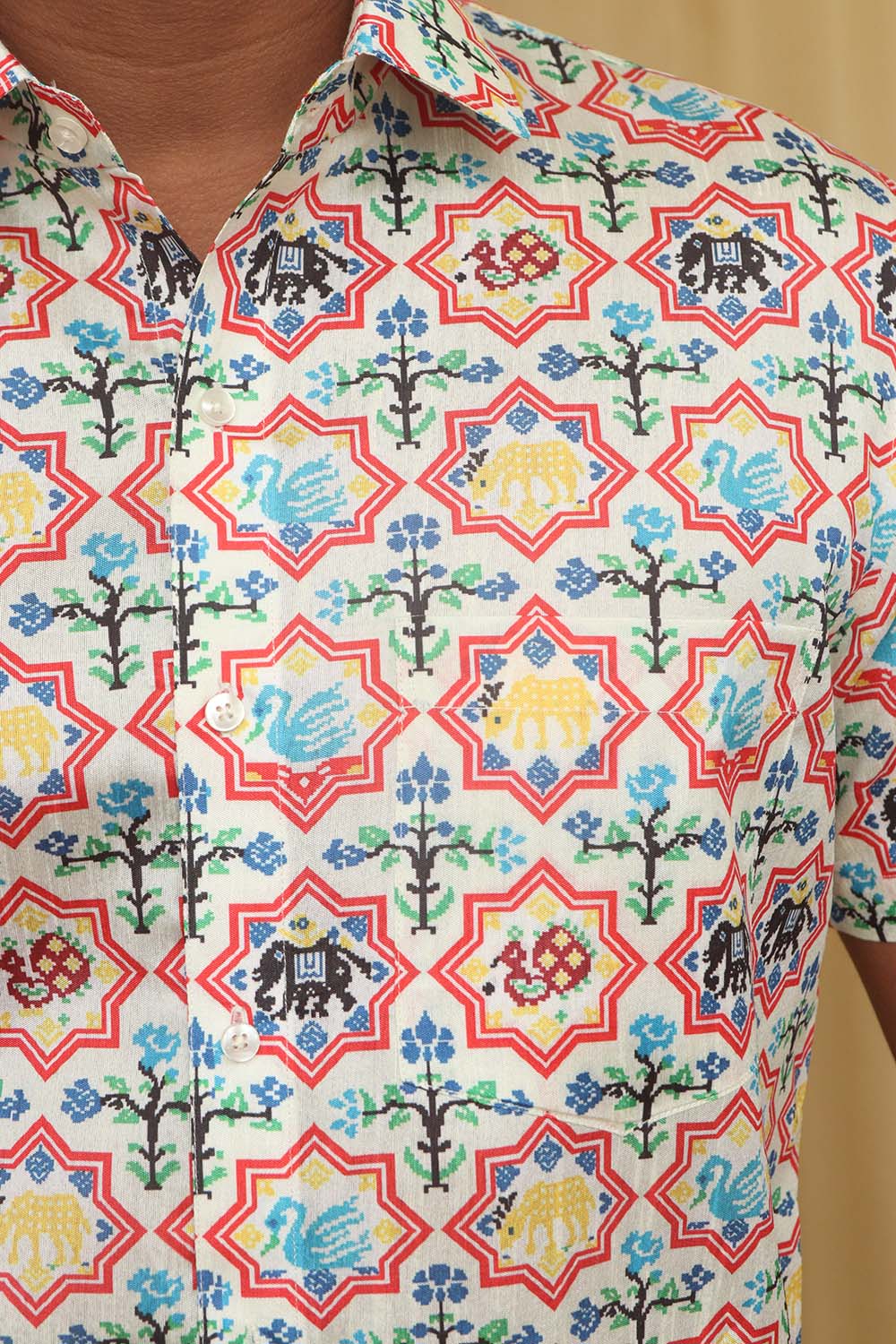 Stylish Off White Digital Printed Patola Design Tussar Silk Shirt - Luxurion World