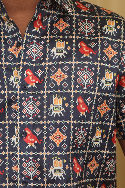 Stylish Blue Digital Printed Patola Design Tussar Silk Shirt - Luxurion World