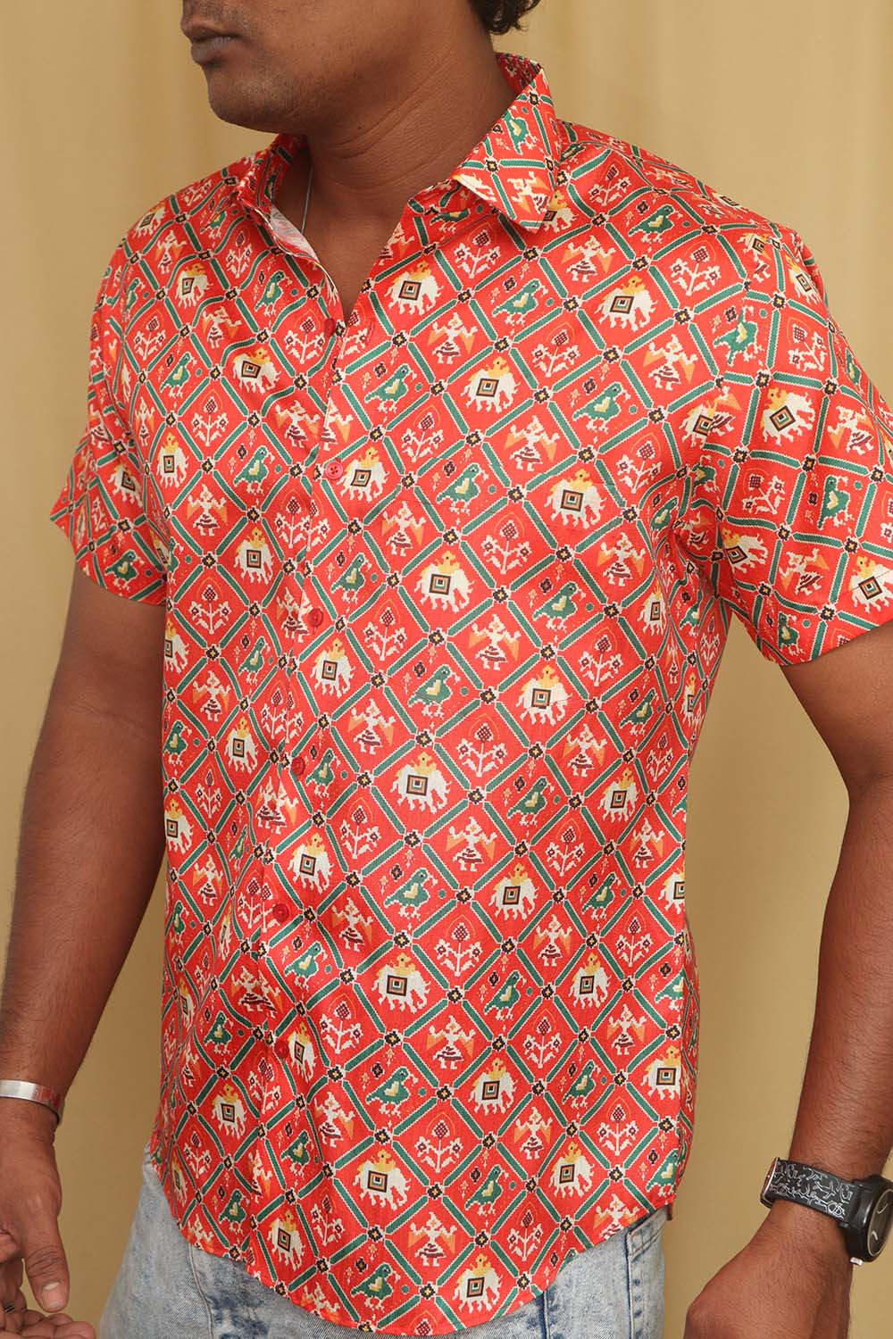 Stunning Red Digital Printed Patola Design Tussar Silk Shirt - Luxurion World