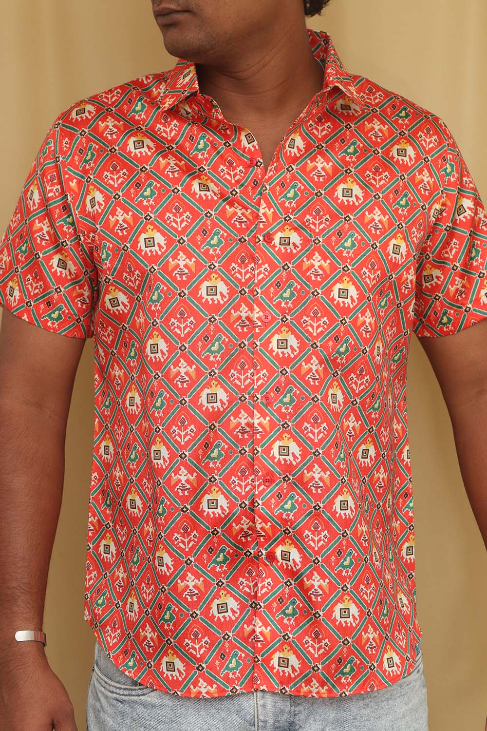 Stunning Red Digital Printed Patola Design Tussar Silk Shirt - Luxurion World