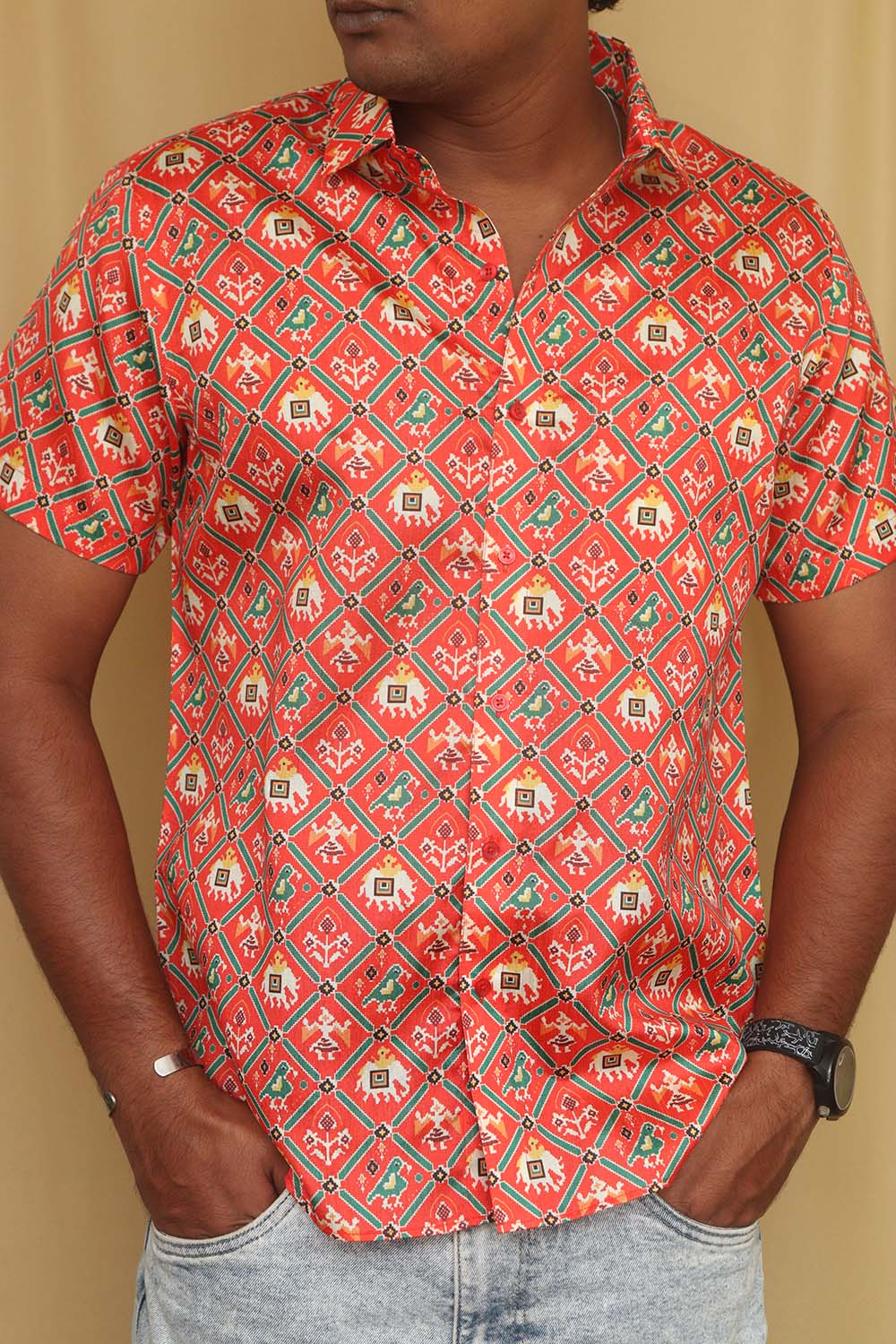 Stunning Red Digital Printed Patola Design Tussar Silk Shirt - Luxurion World