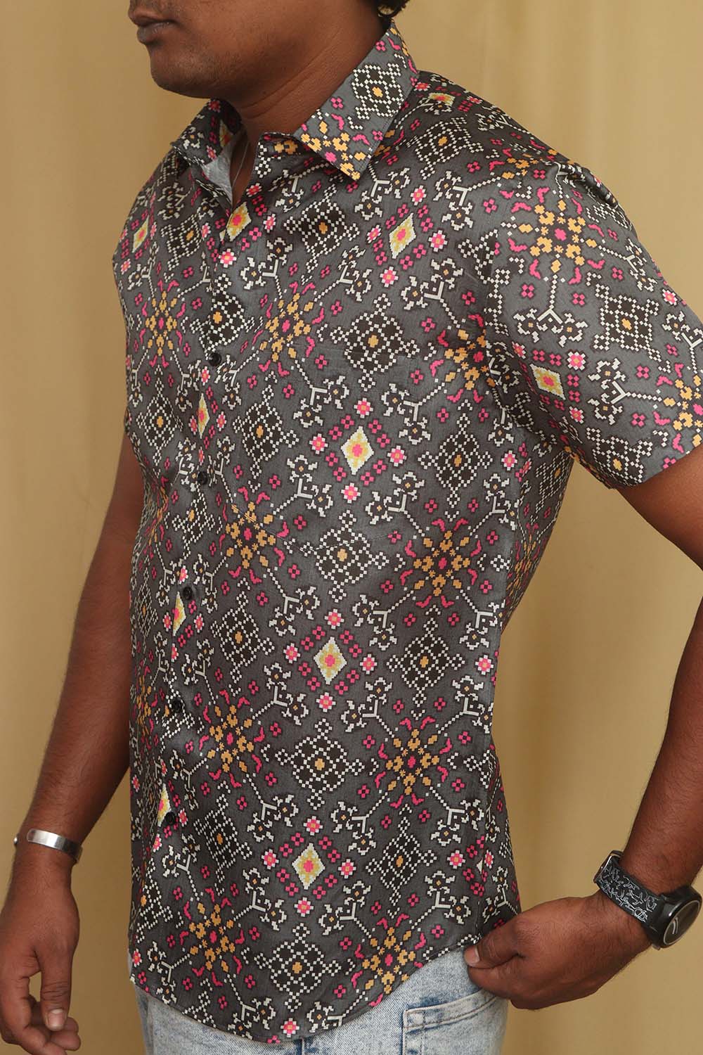 Grey Digital Printed Patola Design Tussar Silk Shirt - Luxurion World