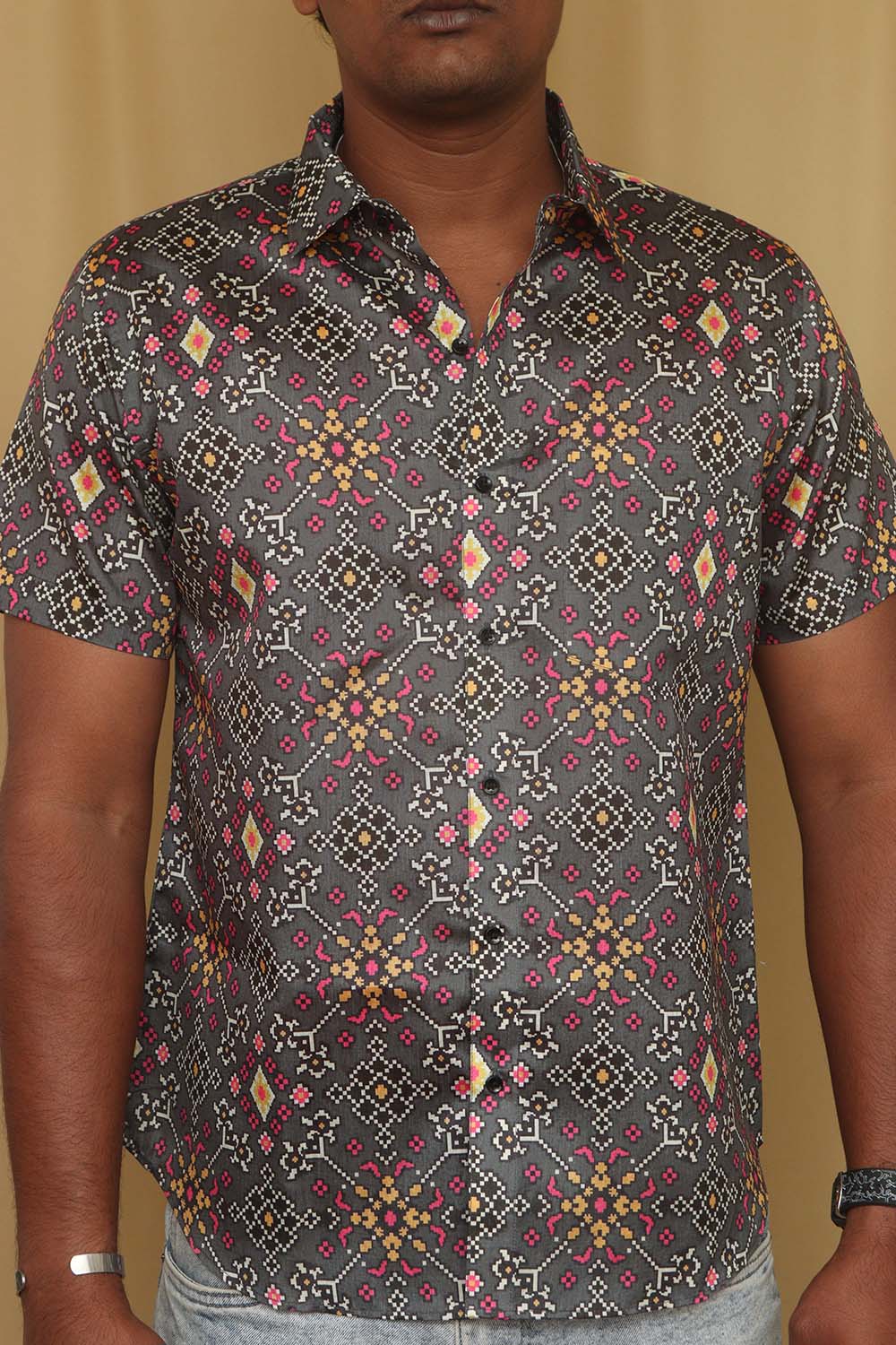 Grey Digital Printed Patola Design Tussar Silk Shirt - Luxurion World