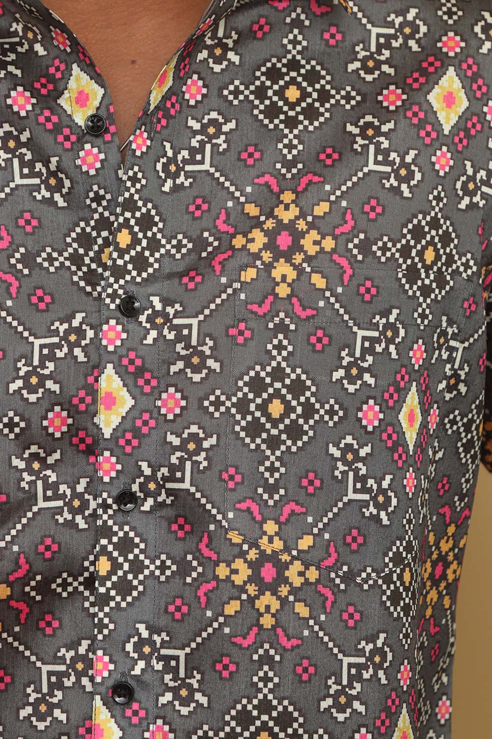 Grey Digital Printed Patola Design Tussar Silk Shirt - Luxurion World