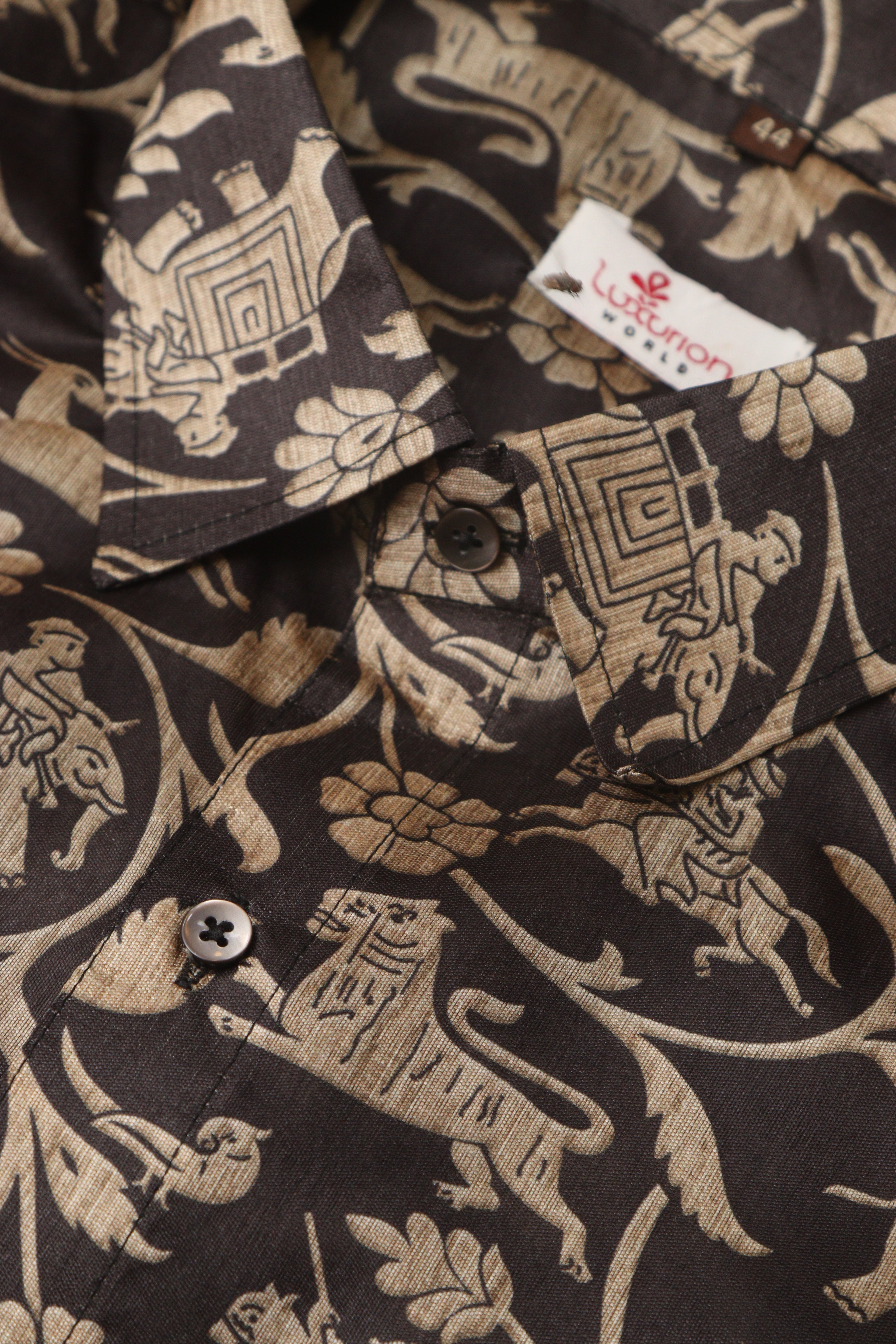 Exquisite Black Shikargah Design Digital Printed Tussar Silk Half Sleeve Shirt - Luxurion World