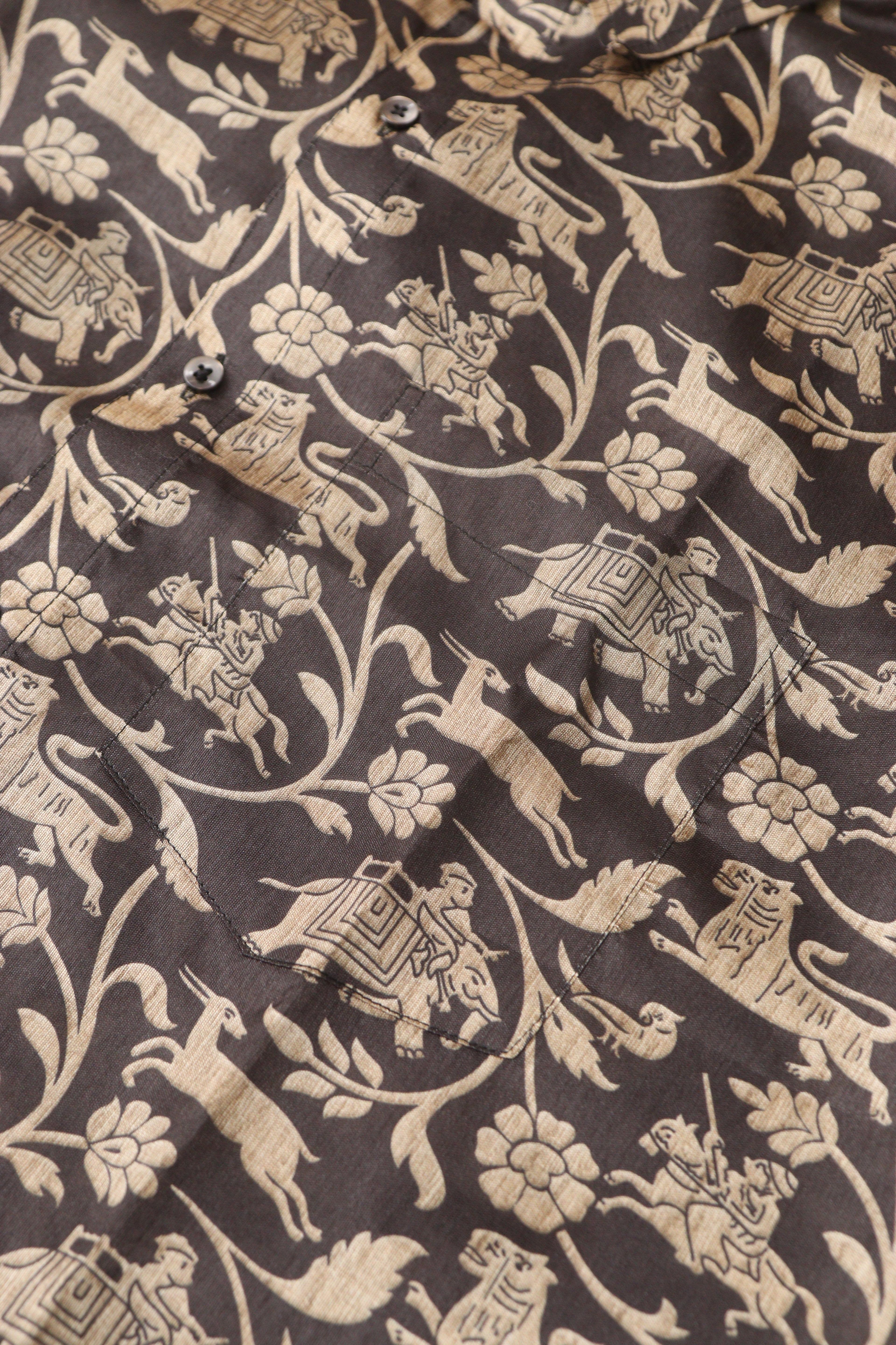 Exquisite Black Shikargah Design Digital Printed Tussar Silk Half Sleeve Shirt - Luxurion World