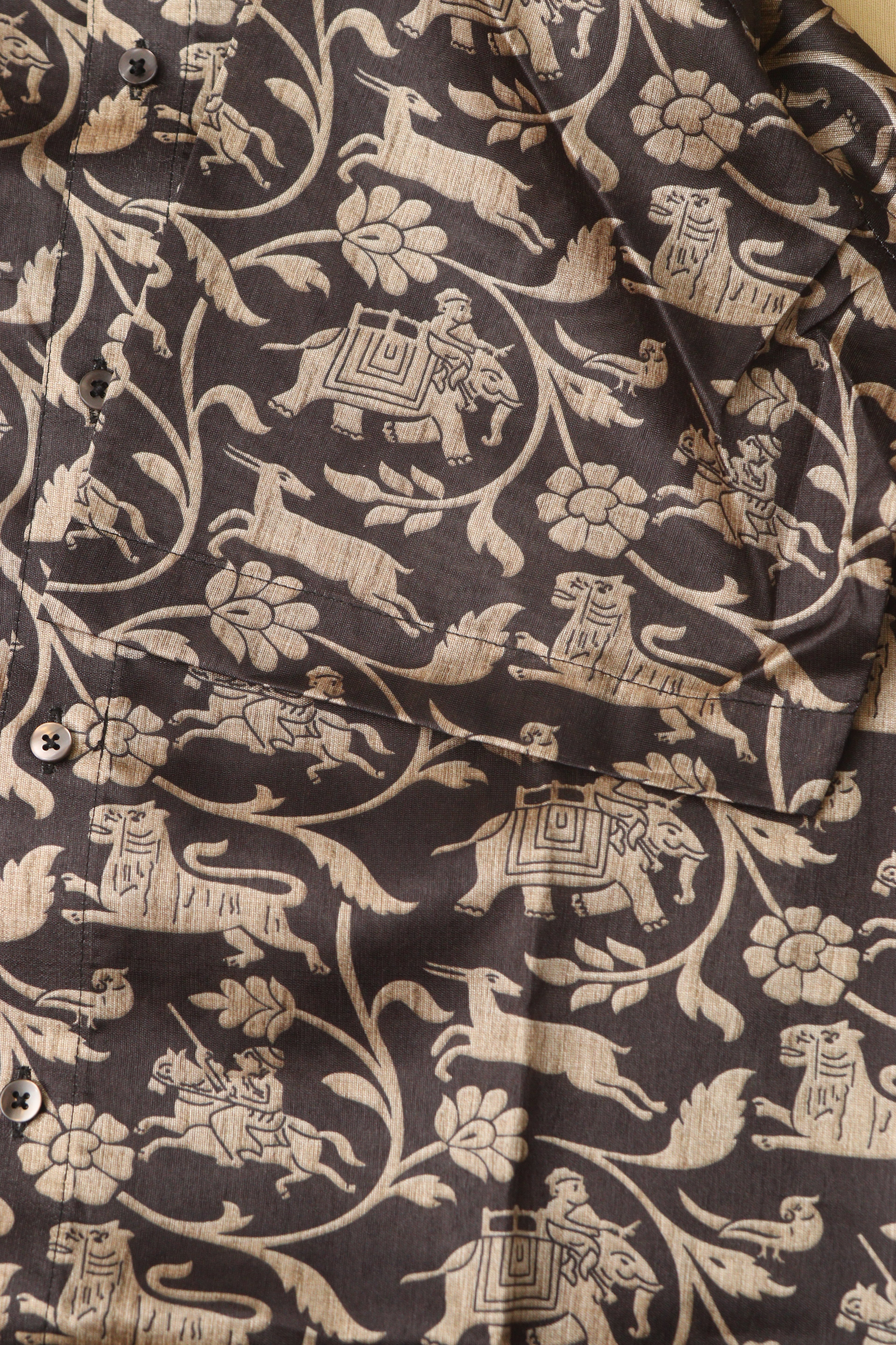Exquisite Black Shikargah Design Digital Printed Tussar Silk Half Sleeve Shirt - Luxurion World