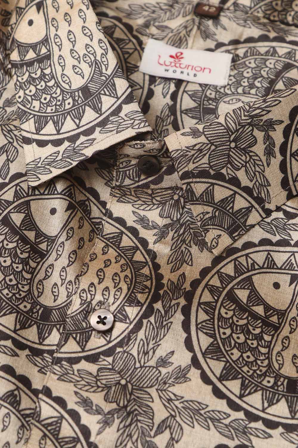 Pastel Madhubani Design Digital Printed Tussar Silk Half Sleeve Shirt - Luxurion World