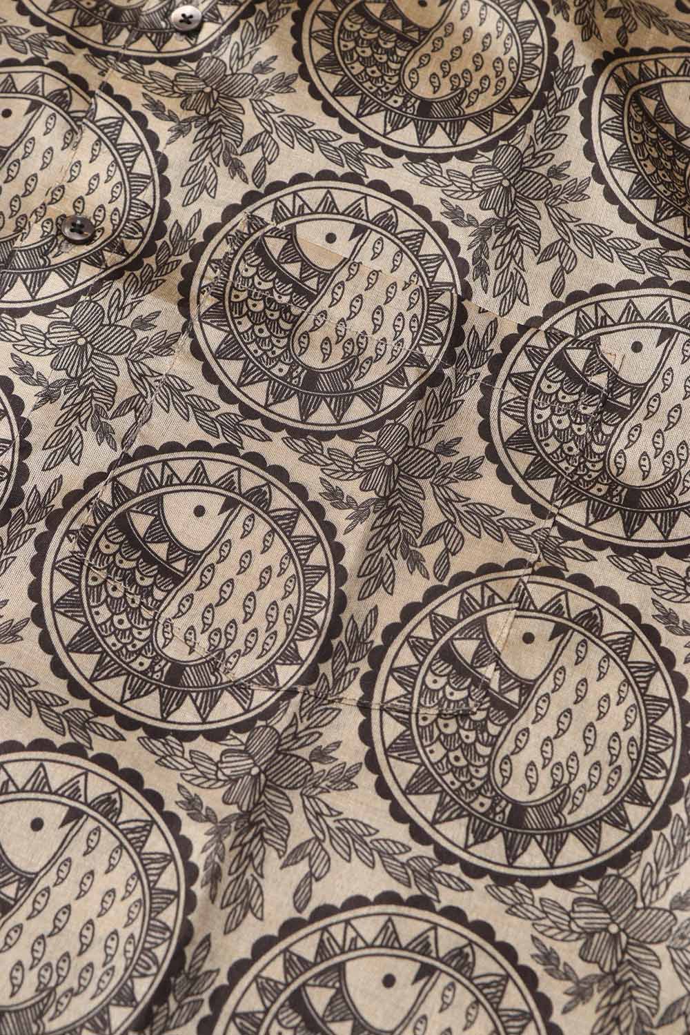 Pastel Madhubani Design Digital Printed Tussar Silk Half Sleeve Shirt - Luxurion World