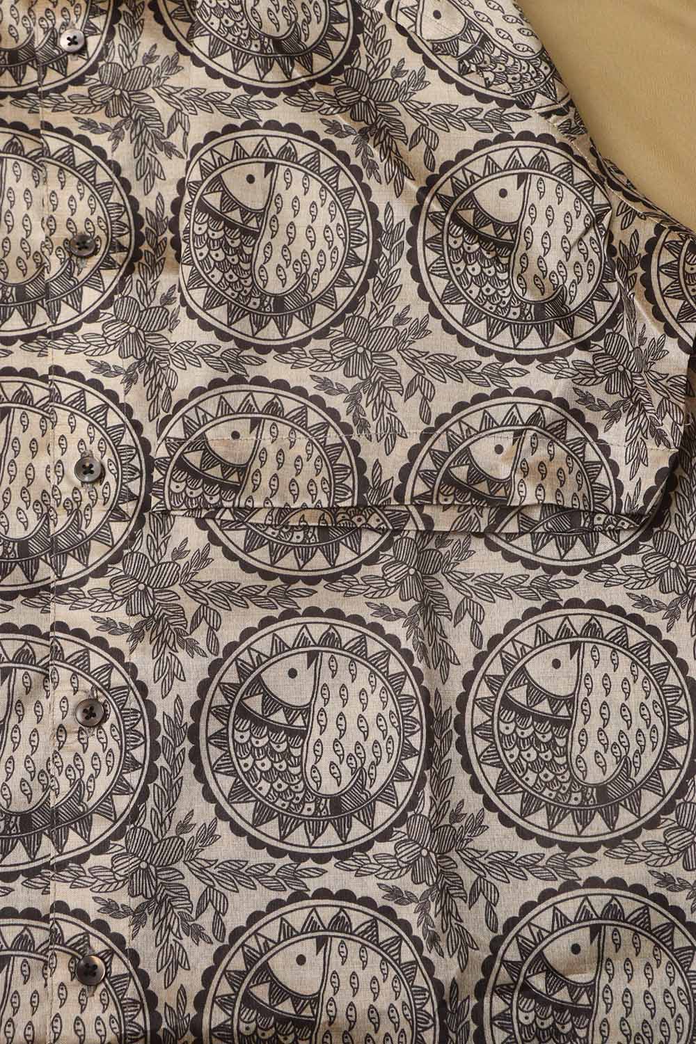 Pastel Madhubani Design Digital Printed Tussar Silk Half Sleeve Shirt - Luxurion World