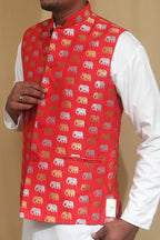 Elegant Red Banarasi Silk Nehru Jacket with Sona Roopa Elephant Design - Luxurion World
