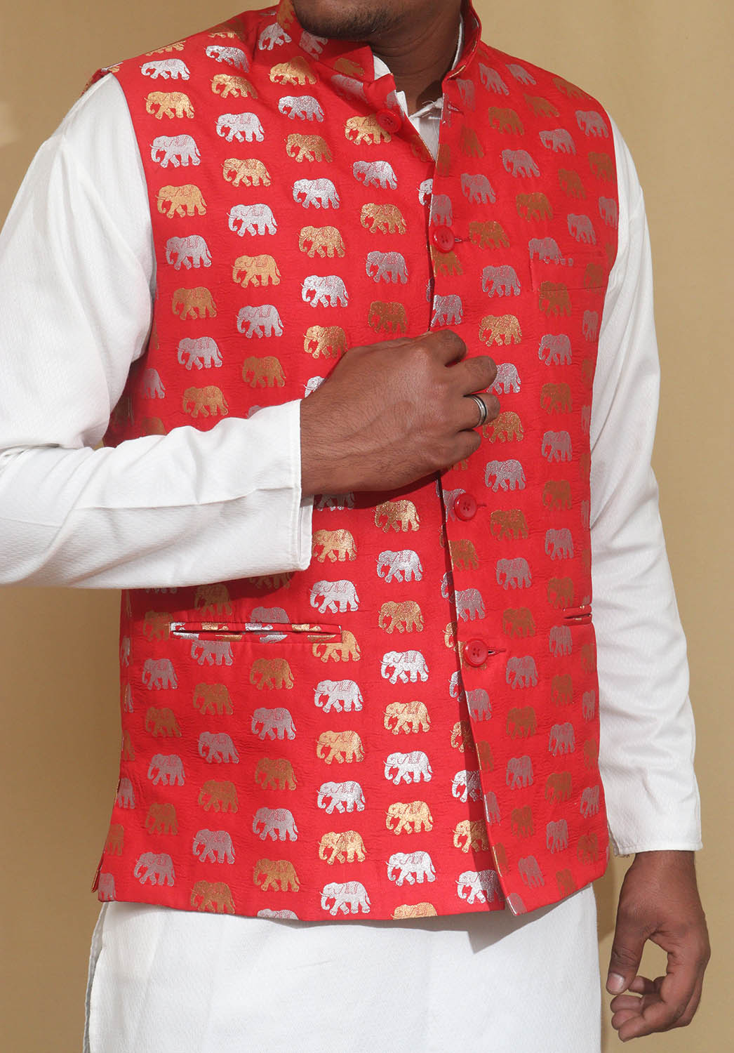 Elegant Red Banarasi Silk Nehru Jacket with Sona Roopa Elephant Design