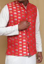 Elegant Red Banarasi Silk Nehru Jacket with Sona Roopa Elephant Design - Luxurion World