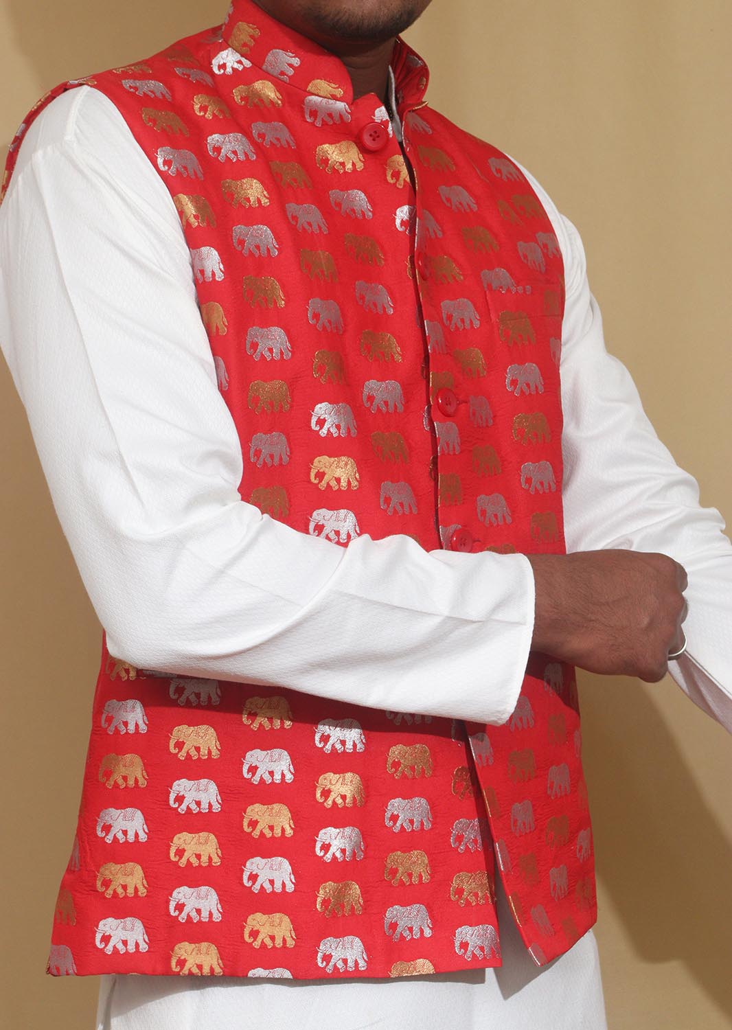 Elegant Red Banarasi Silk Nehru Jacket with Sona Roopa Elephant Design - Luxurion World