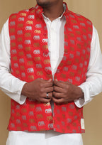 Elegant Red Banarasi Silk Nehru Jacket with Sona Roopa Elephant Design - Luxurion World