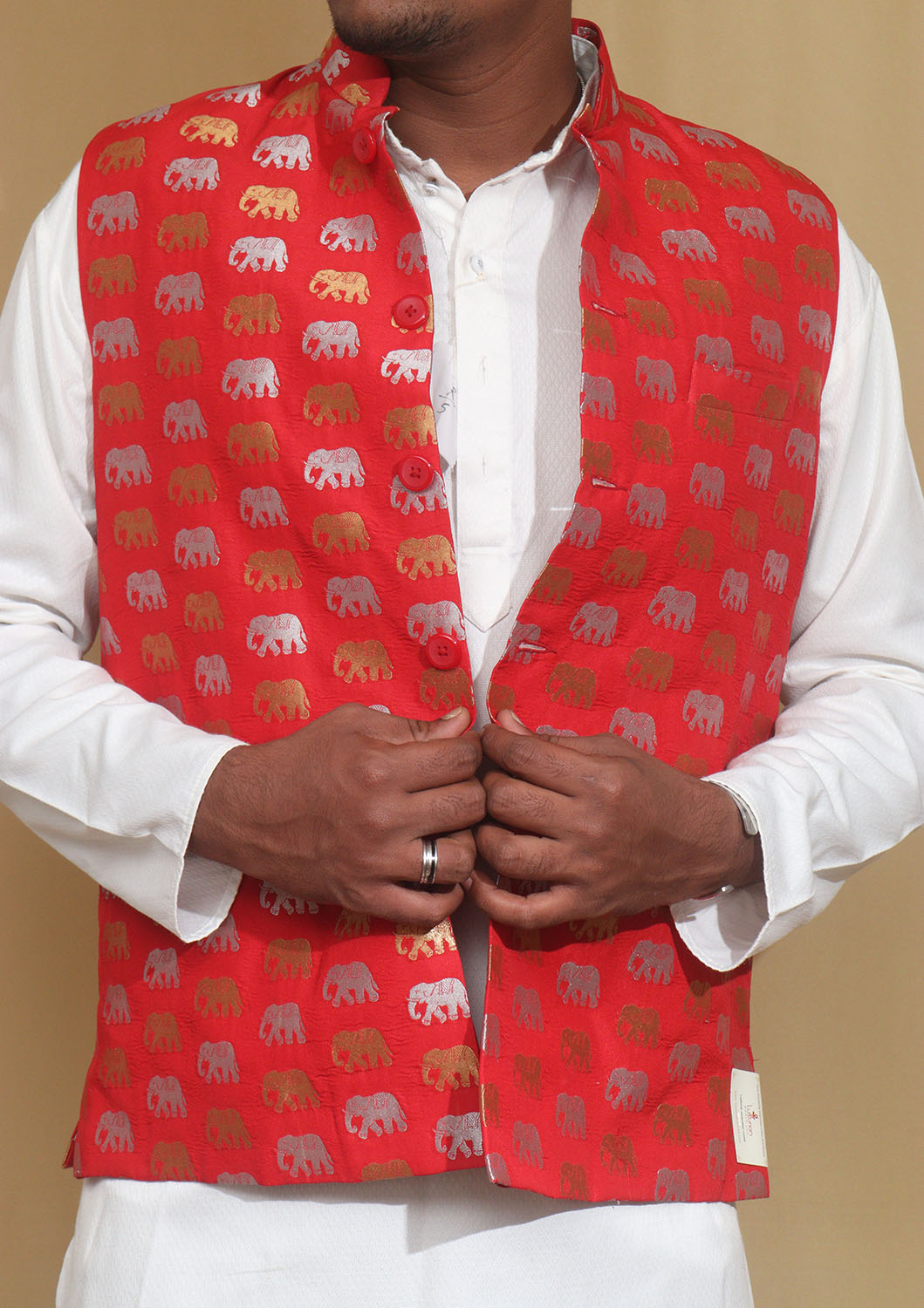 Elegant Red Banarasi Silk Nehru Jacket with Sona Roopa Elephant Design - Luxurion World