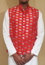 Elegant Red Banarasi Silk Nehru Jacket with Sona Roopa Elephant Design - Luxurion World