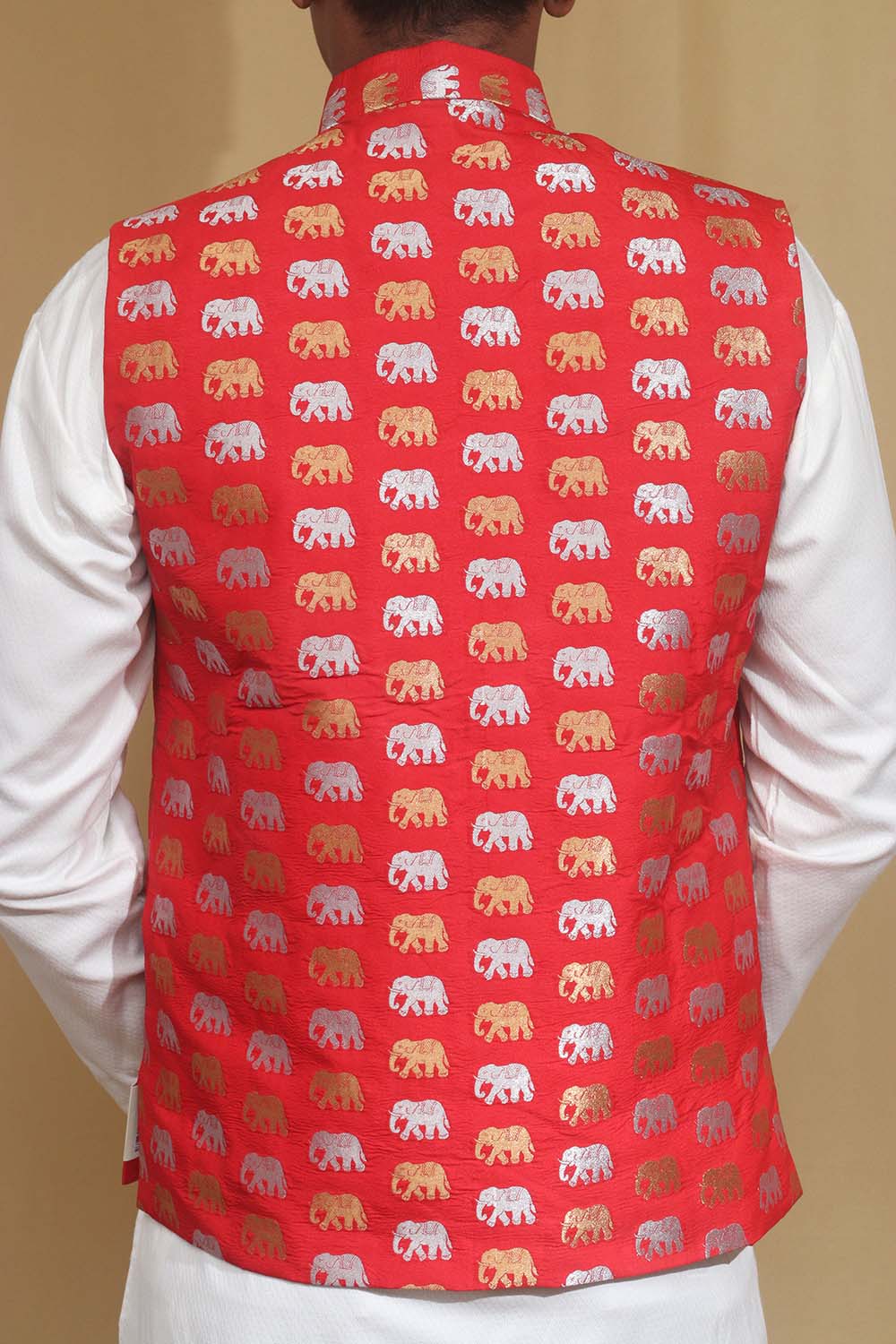 Elegant Red Banarasi Silk Nehru Jacket with Sona Roopa Elephant Design - Luxurion World