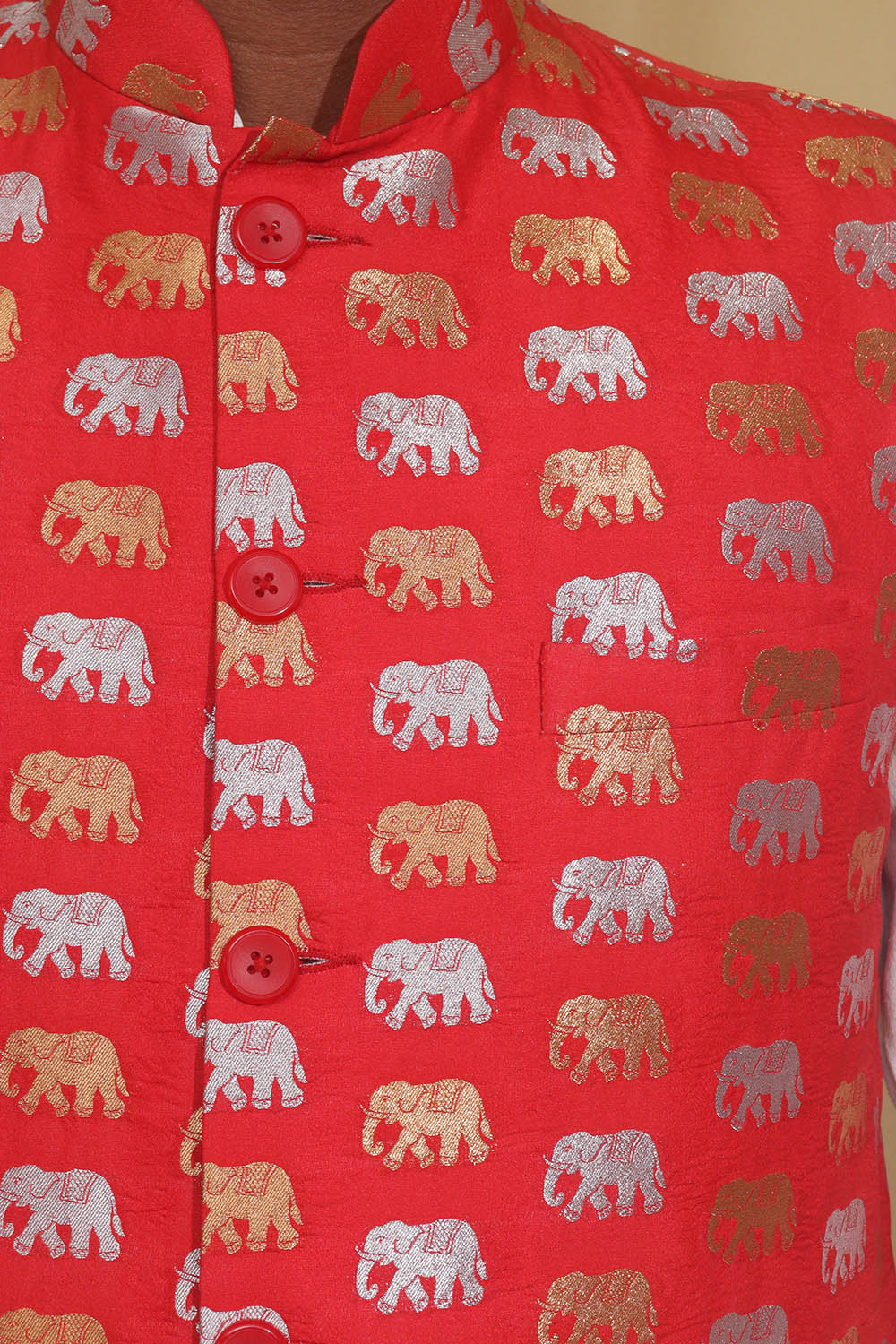 Elegant Red Banarasi Silk Nehru Jacket with Sona Roopa Elephant Design - Luxurion World