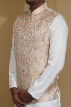 Off White Handloom Banarasi Kimkhwab Nehru Jacket - Luxurion World