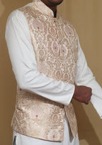 Off White Handloom Banarasi Kimkhwab Nehru Jacket - Luxurion World