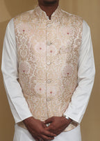 Off White Handloom Banarasi Kimkhwab Nehru Jacket - Luxurion World