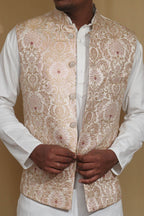 Off White Handloom Banarasi Kimkhwab Nehru Jacket - Luxurion World