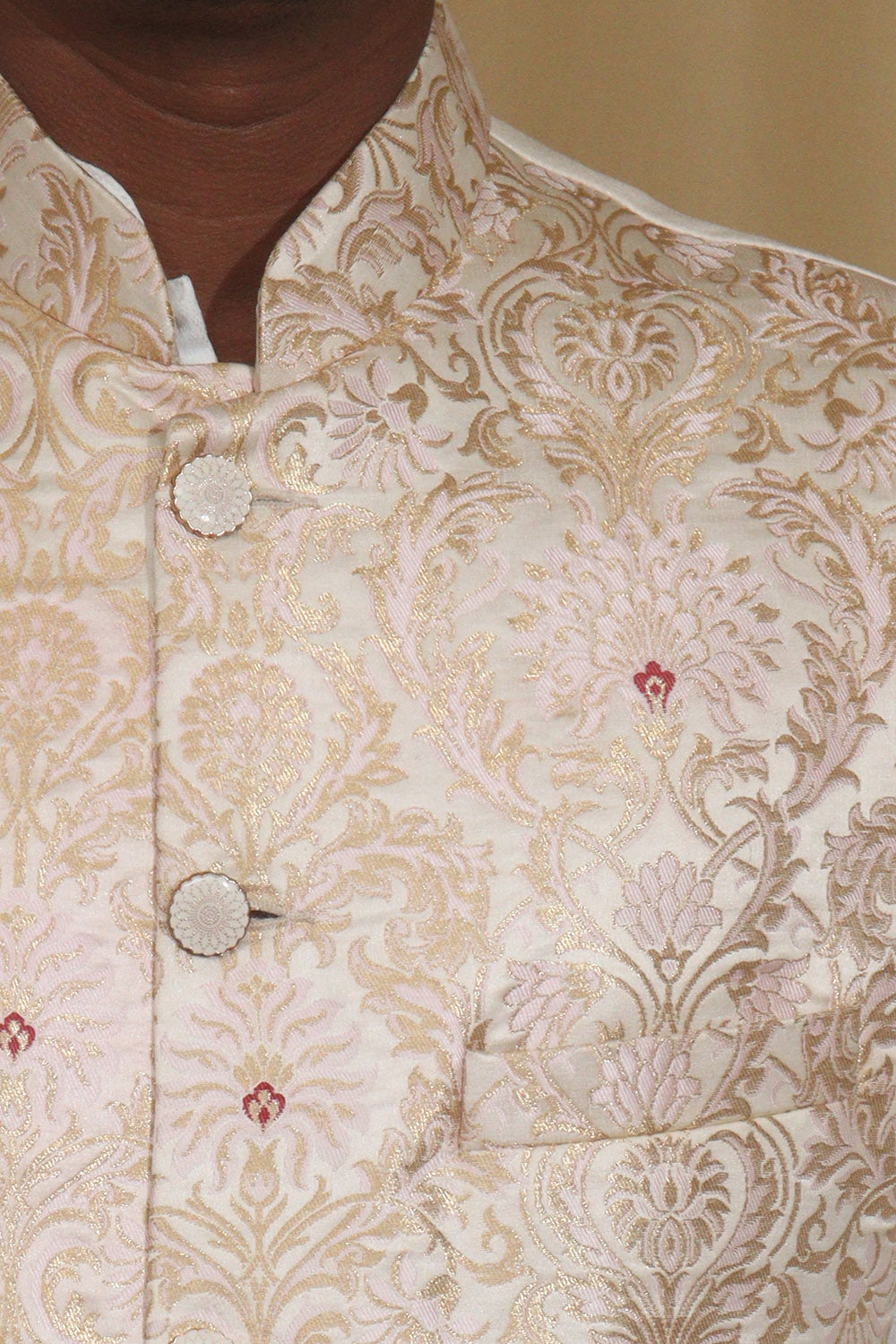 Off White Handloom Banarasi Kimkhwab Nehru Jacket - Luxurion World