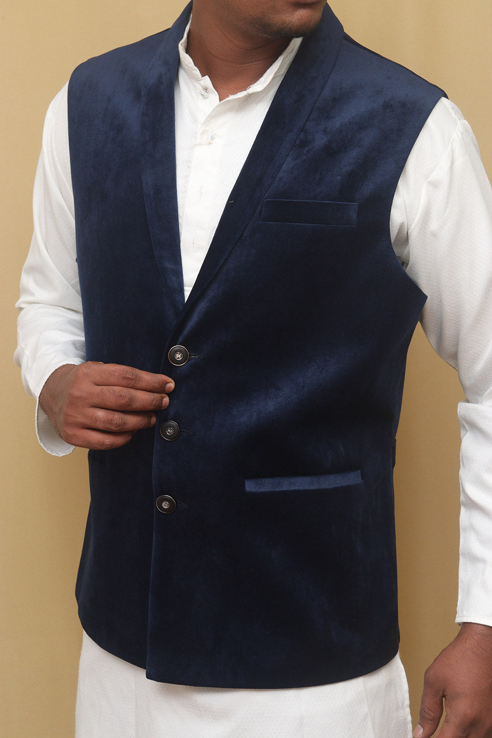 Navy Blue Velvet Cotton Waist Coat - Luxurion World