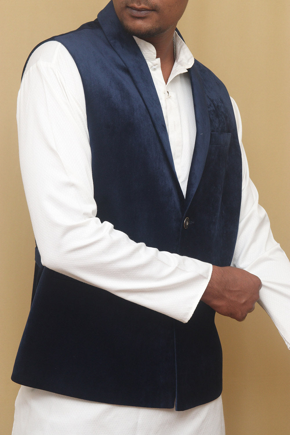 Navy Blue Velvet Cotton Waist Coat - Luxurion World