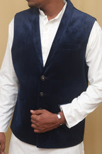 Navy Blue Velvet Cotton Waist Coat - Luxurion World