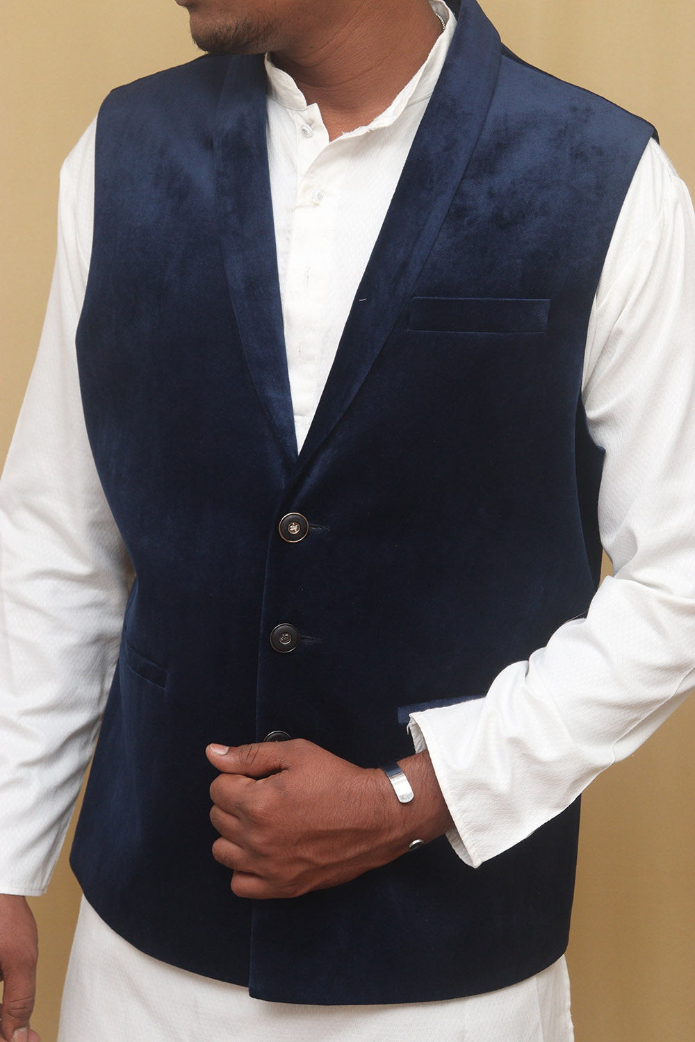 Navy Blue Velvet Cotton Waist Coat - Luxurion World