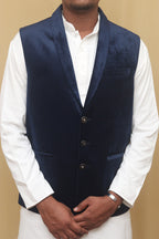 Navy Blue Velvet Cotton Waist Coat - Luxurion World