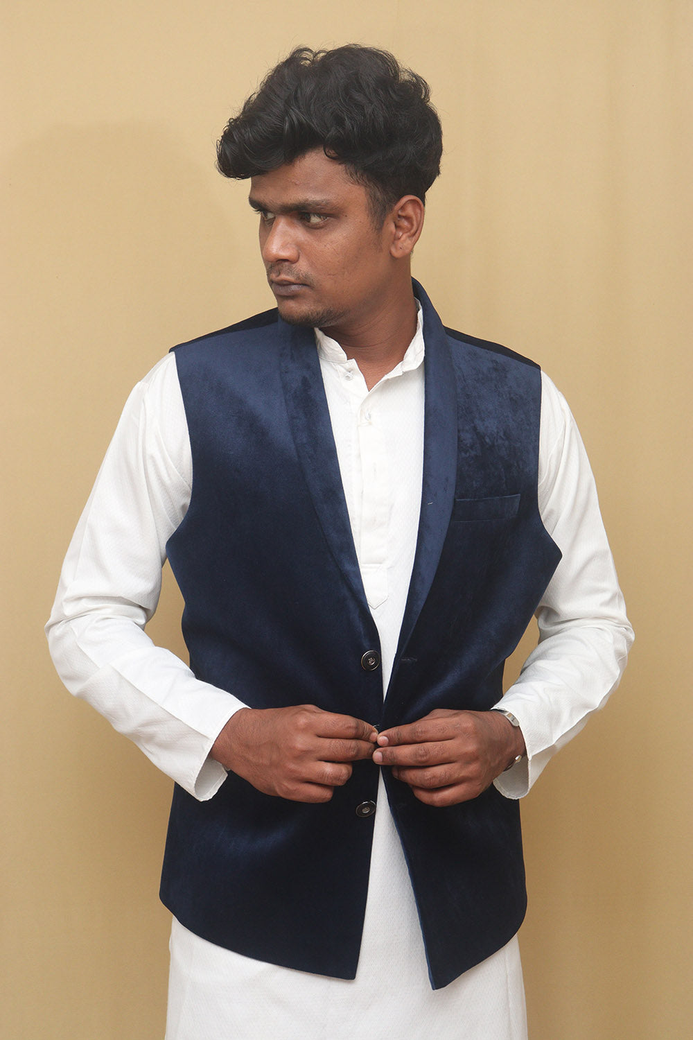 Navy Blue Velvet Cotton Waist Coat - Luxurion World