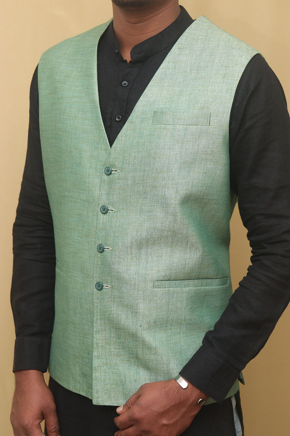 Green Cotton Silk Nehru Jacket - Luxurion World
