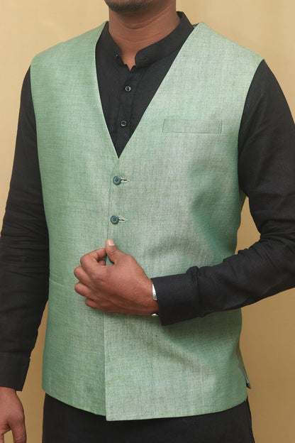 Green Cotton Silk Nehru Jacket