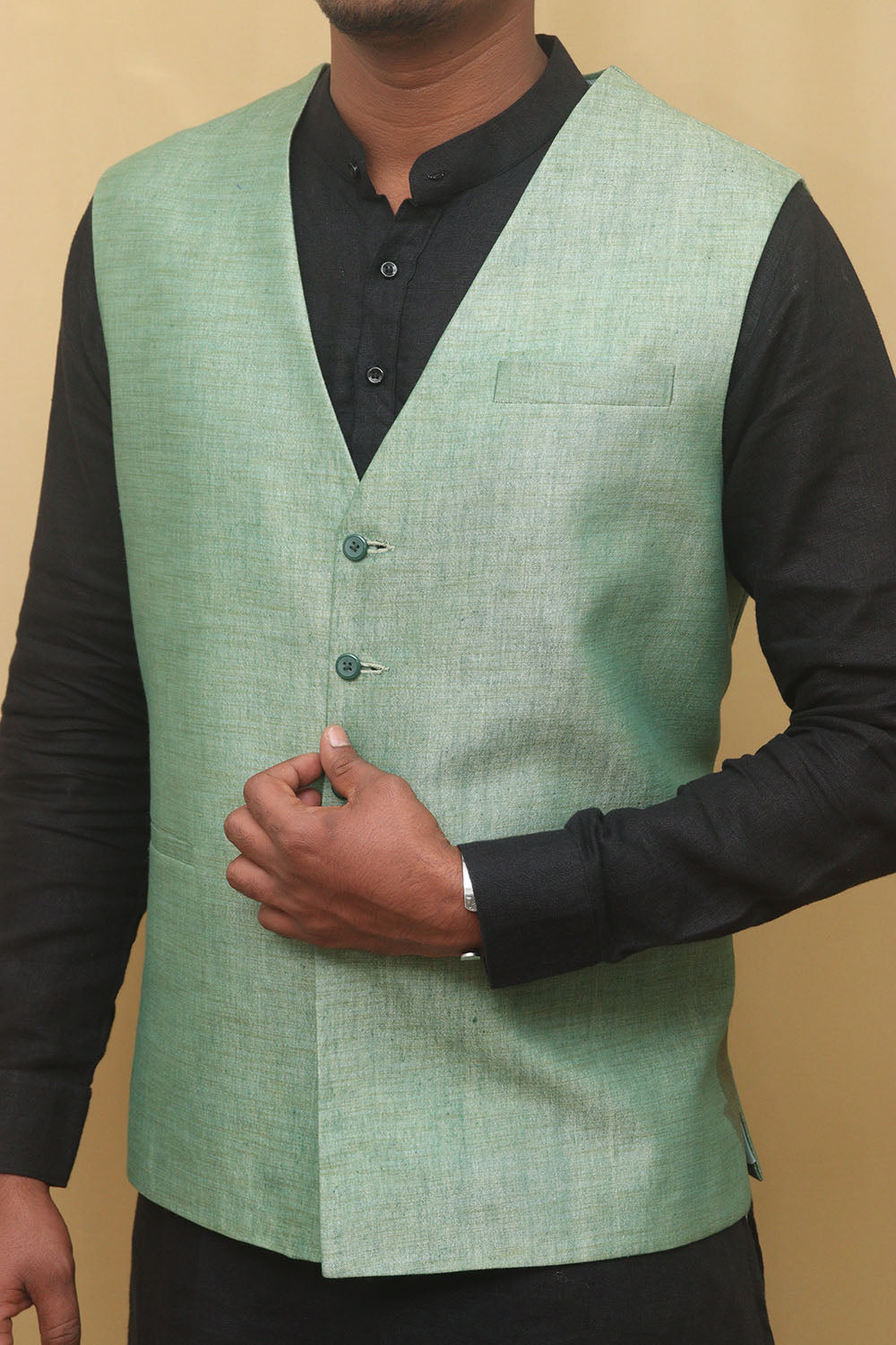 Green Cotton Silk Nehru Jacket - Luxurion World