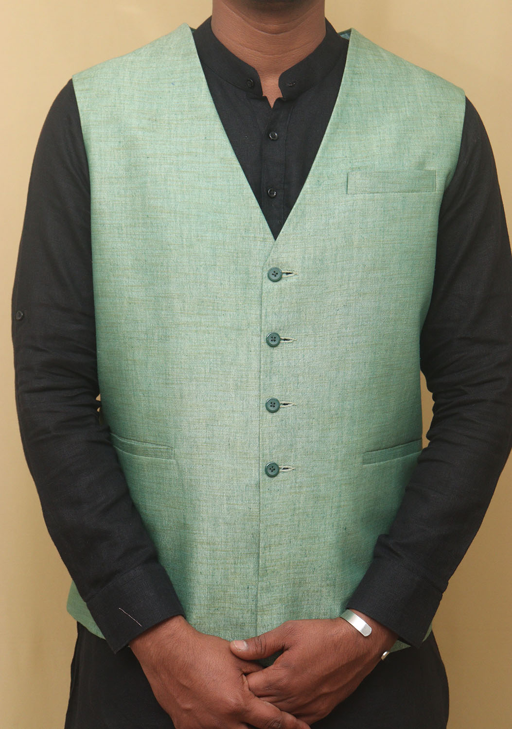 Green Cotton Silk Nehru Jacket - Luxurion World