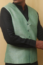 Green Cotton Silk Nehru Jacket - Luxurion World
