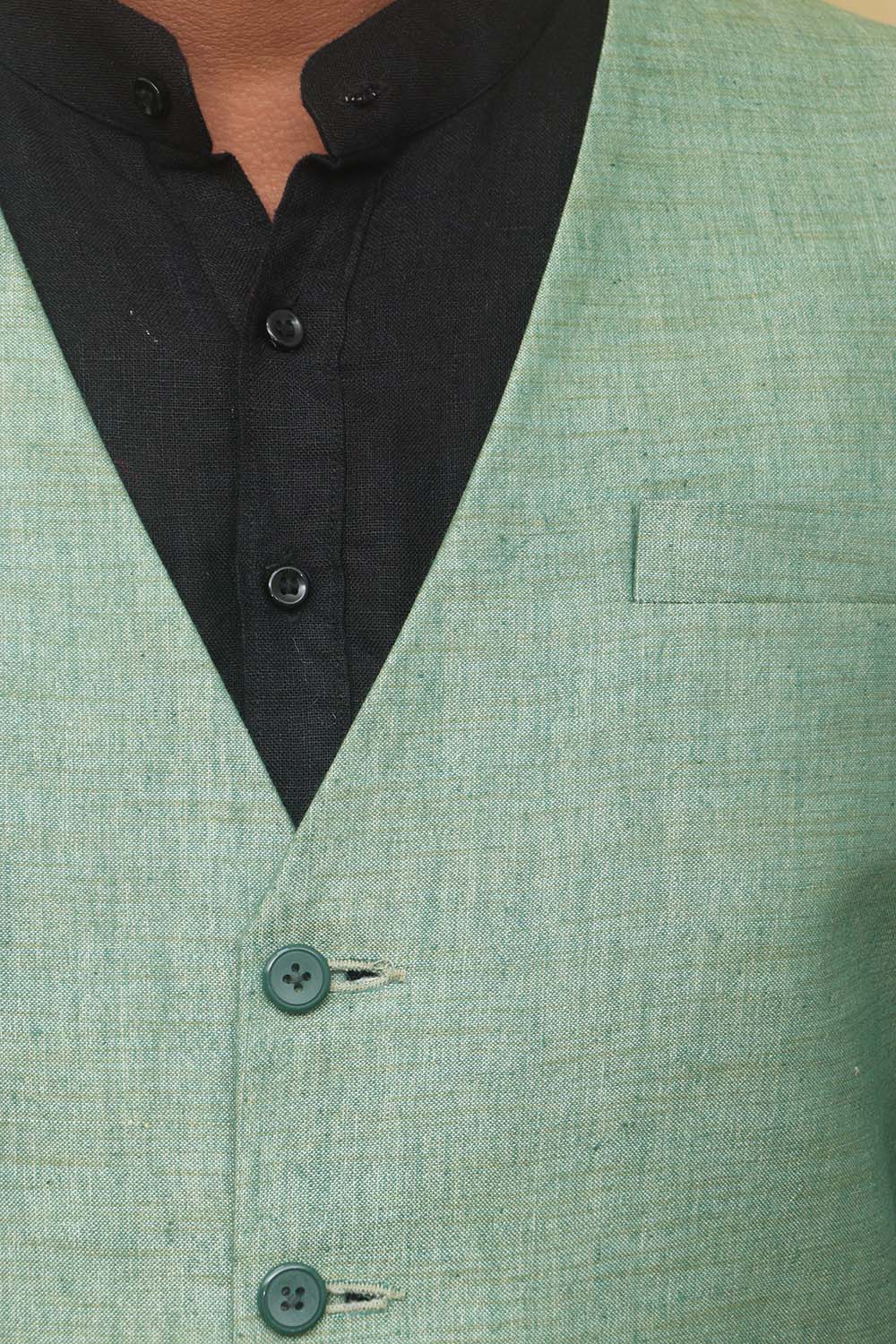Green Cotton Silk Nehru Jacket - Luxurion World