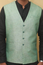 Green Cotton Silk Nehru Jacket - Luxurion World