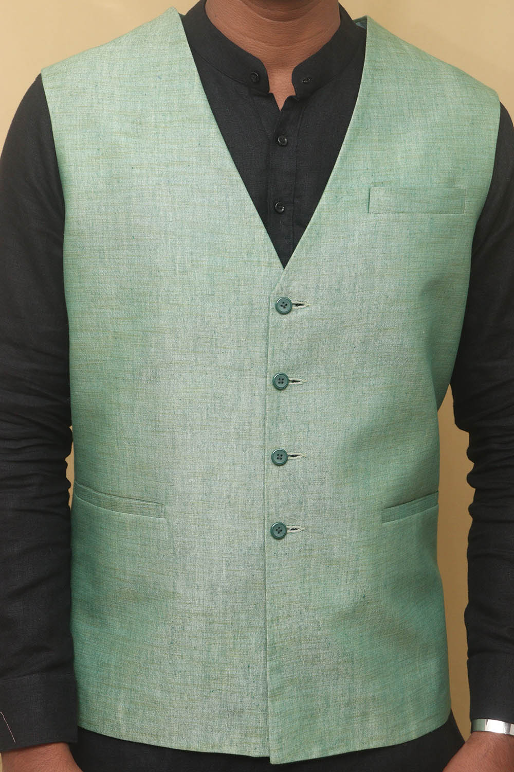 Green Cotton Silk Nehru Jacket - Luxurion World