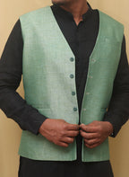 Green Cotton Silk Nehru Jacket - Luxurion World
