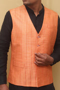 Orange Cotton Silk Nehru Jacket - Luxurion World
