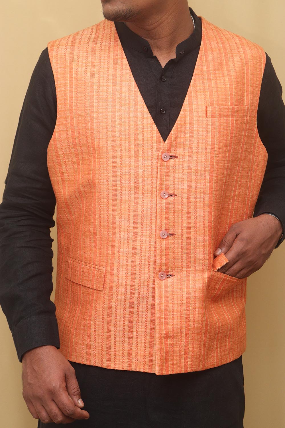 Orange Cotton Silk Nehru Jacket - Luxurion World