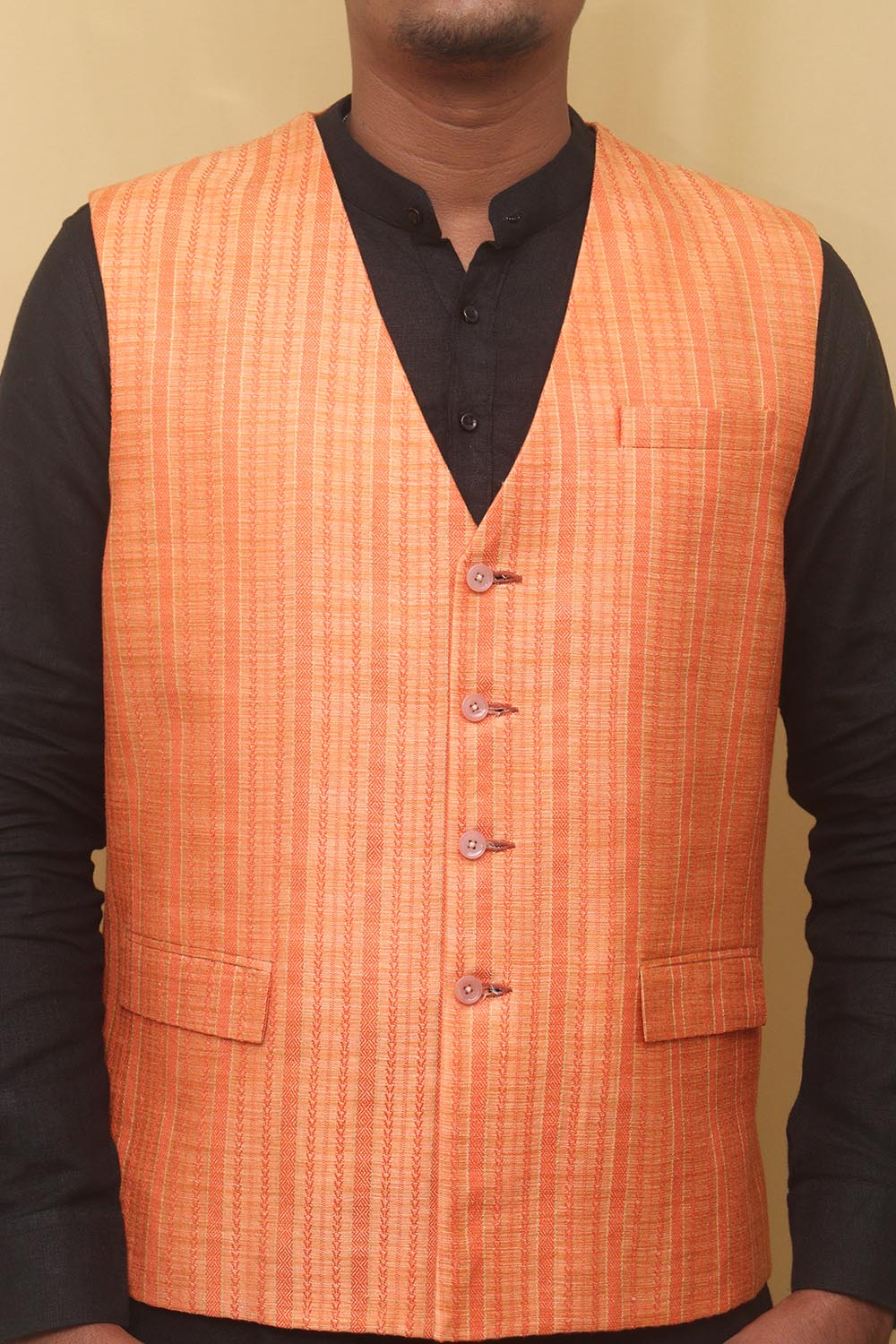 Orange Cotton Silk Nehru Jacket - Luxurion World