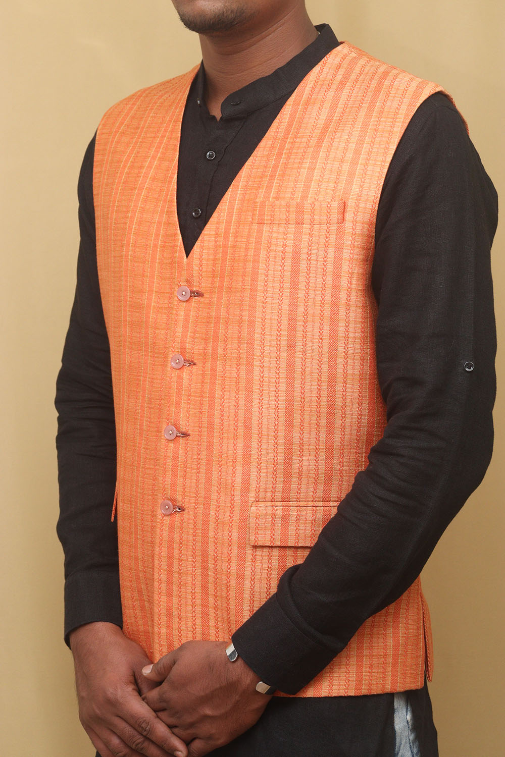 Orange Cotton Silk Nehru Jacket - Luxurion World
